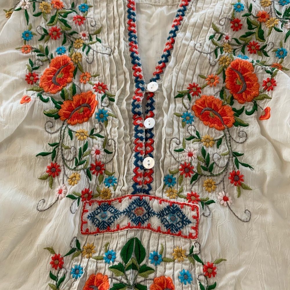 Johnny Was White Dress with Multicolor Floral Embroidery